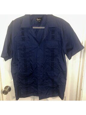 Omega Fashion Shirt Mens Large Navy Blue Embroidered Guayabera Button Casual 16